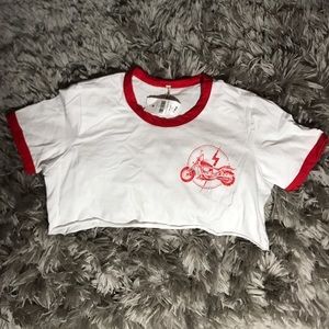 LF Crop Top Ringer Tee White and Red Motorcycle